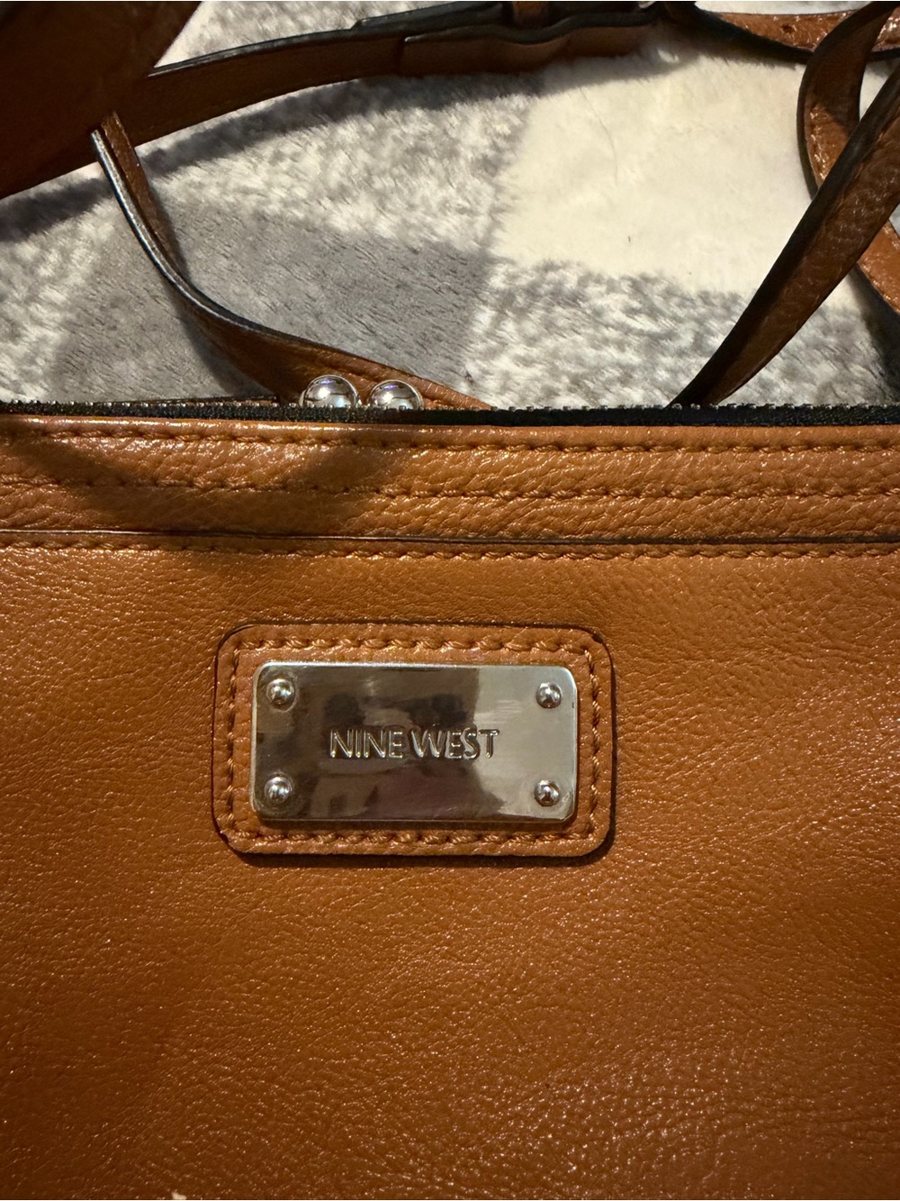 Nine West Cognac Brown Leather Shoulder Bag with Silver Plate